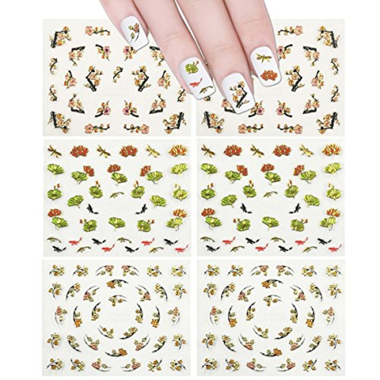 Wrapables Fingernail Stickers Nail Art Nail Stickers Self-Adhesive Nail Stickers 3D Nail Decals - Asian Inspired Lotus, Ginkgo Leaves, Cherry Blossoms & Koi (3 Designs/6 Sheets)